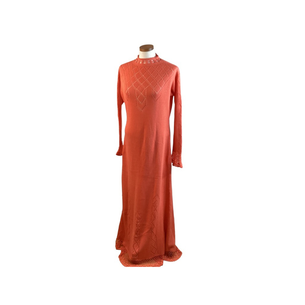 Sweater Dress Gown Womens Orange Maxi Cut Out Mock Neck Long Sleeve Crochet 12